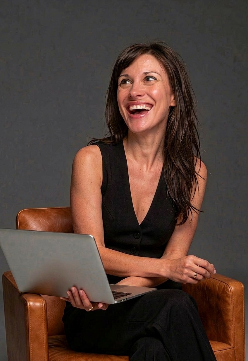 Emily Adams, founder of Emily Adams Creative, laughing while holding a laptop